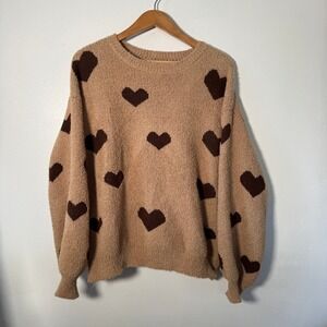 Tan Brown Heart Print Fuzzy Popcorn Knit Sweater Crewneck Pullover Oversized